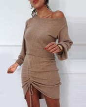 Load image into Gallery viewer, Solid Long Sleeve Crop Top & Drawstring Ruched Skirt Set