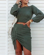 Load image into Gallery viewer, Solid Long Sleeve Crop Top & Drawstring Ruched Skirt Set