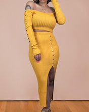 Load image into Gallery viewer, Solid Long Sleeve Skinny Knitted Split Hem Skirt Suit Sets