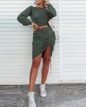 Load image into Gallery viewer, Solid Long Sleeve Crop Top & Drawstring Ruched Skirt Set
