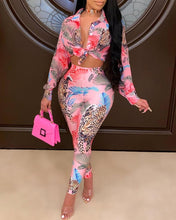 Load image into Gallery viewer, Cheetah Print Long Sleeve Skinny Button-down Blouse Suit Sets