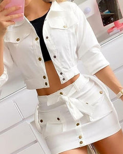 Solid Three-quarter Sleeve Skinny Cropped Coats Suit Sets