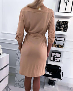 Solid Long Sleeve Lace-up Shirt Dress