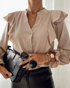 Ruffles Button Design Bell Sleeve Casual Shirt