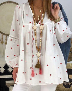 Printing Lace Stitching Long Sleeve Blouse