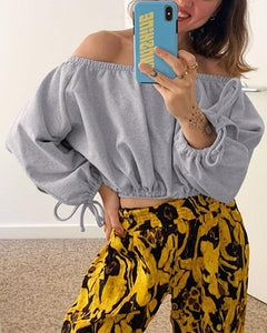 Solid Color Puff Sleeve Cropped Blouse