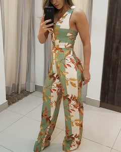 Leaf Print Sleeveless Loose Jumpsuit