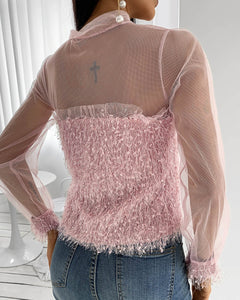 Fluffy Sheer Mesh Tie Front Long Sleeve Top