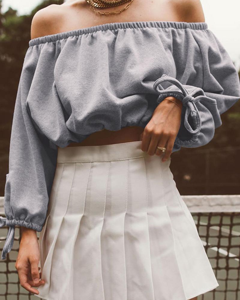 Solid Color Puff Sleeve Cropped Blouse