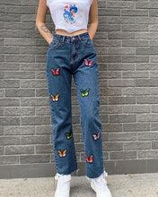 Load image into Gallery viewer, Butterfly Embroidery High Waist Jean Pants
