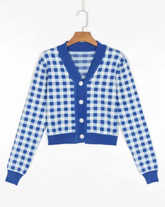 Gingham Long Sleeve Skinny Cropped Cardigans