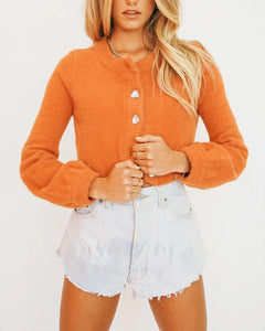 Solid Long Sleeve Button-down Cropped Carddigans