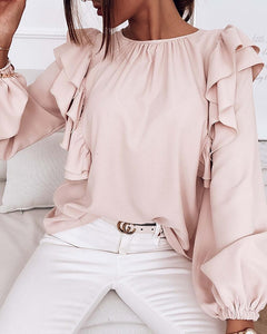 Solid Long Sleeve Loose Ruffles Blouse