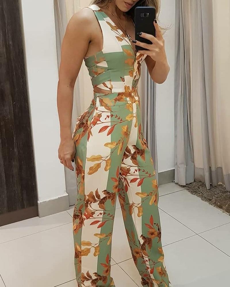 Leaf Print Sleeveless Loose Jumpsuit