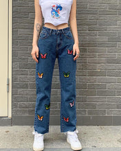 Load image into Gallery viewer, Butterfly Embroidery High Waist Jean Pants
