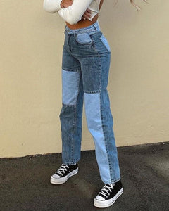 Hip-hop Color Block High Waist Jean Pants