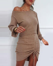 Load image into Gallery viewer, Solid Long Sleeve Crop Top &amp; Drawstring Ruched Skirt Set
