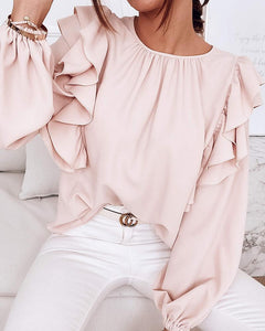 Solid Long Sleeve Loose Ruffles Blouse