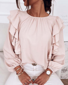 Solid Long Sleeve Loose Ruffles Blouse