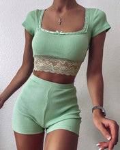 Load image into Gallery viewer, Crochet Lace Ribbed Top &amp; High Waist Shorts  Set
