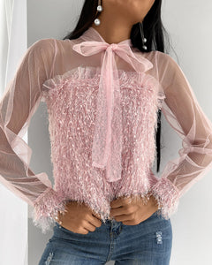 Fluffy Sheer Mesh Tie Front Long Sleeve Top