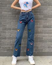 Load image into Gallery viewer, Butterfly Embroidery High Waist Jean Pants
