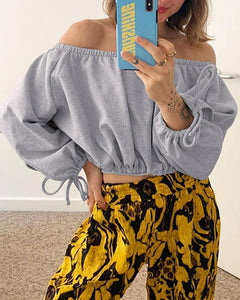 Solid Color Puff Sleeve Cropped Blouse