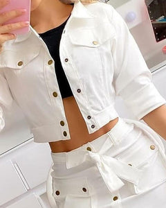 Solid Three-quarter Sleeve Skinny Cropped Coats Suit Sets