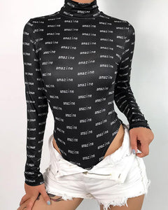 Letter Printing Long Sleeve Bodysuit