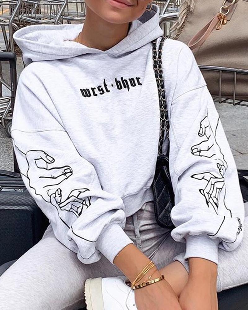 Print Long Sleeve Loose Hooded Sweatshirts