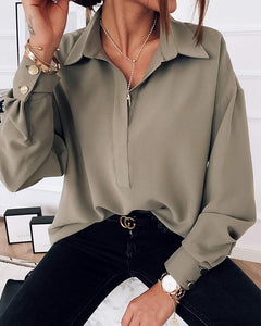 Solid Long Sleeve Button-down Loose Blouse