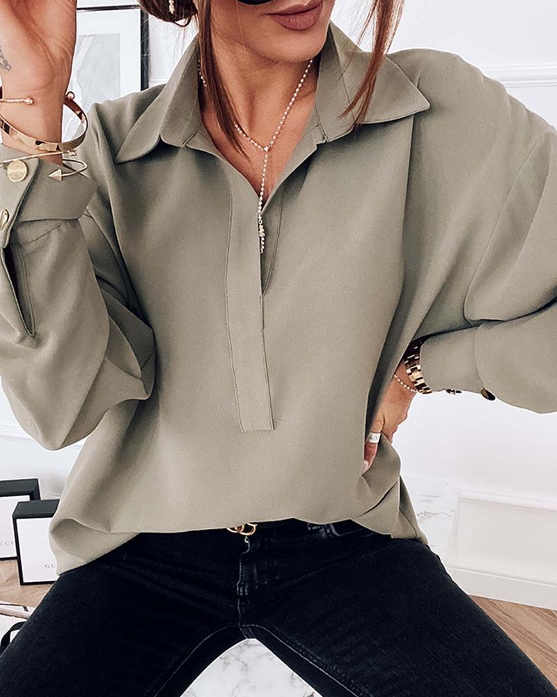 Solid Long Sleeve Button-down Loose Blouse