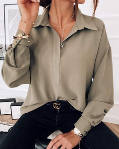 Solid Long Sleeve Button-down Loose Blouse